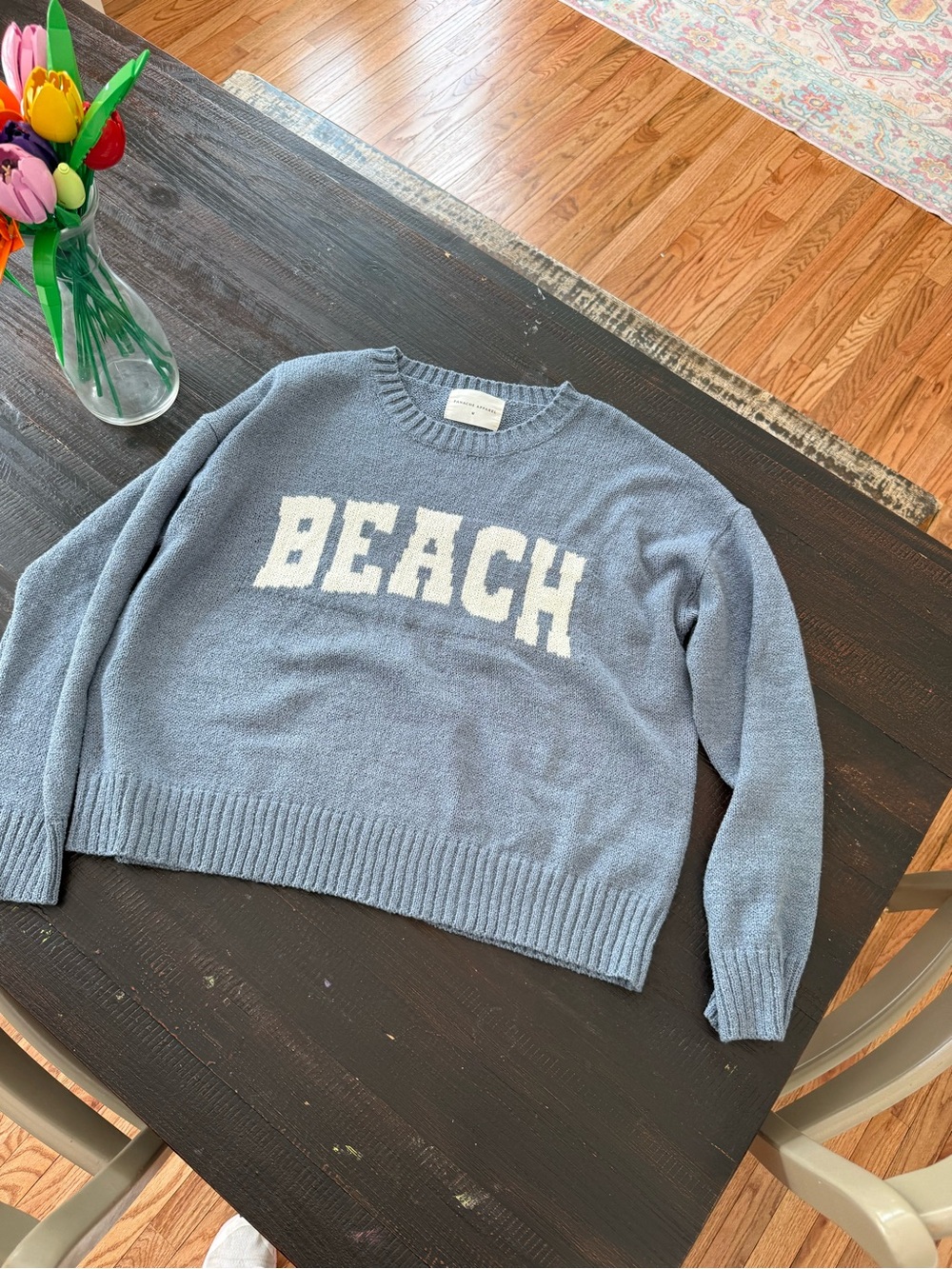 Anthropologie Light Blue 'BEACH' Crewneck Sweater with White Lettering